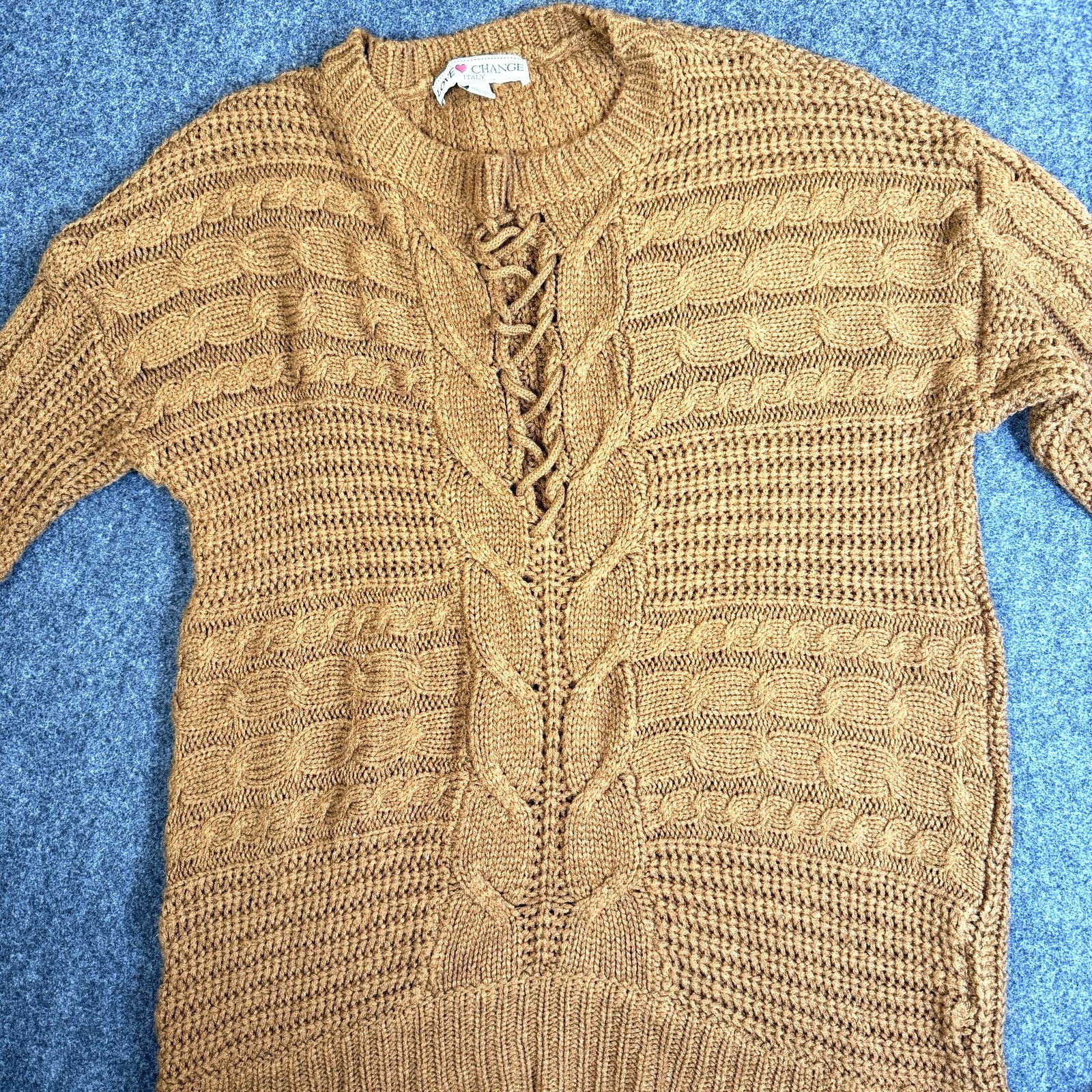 Love Change Italy Sweater Small Brown Cable Knit Lace Up Tunic Boho Acrylic